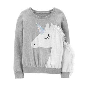 Oshkosh B’Gosh Girls Size 10 Gray Unicorn Sweater White Sequins Fringe